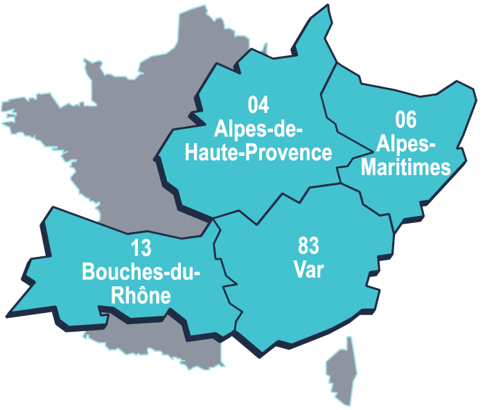 Carte des départements Alpes-de-Haute-Provence (04), Alpes-Maritimes (06), Bouches-du-Rhône (13) et Var (83)